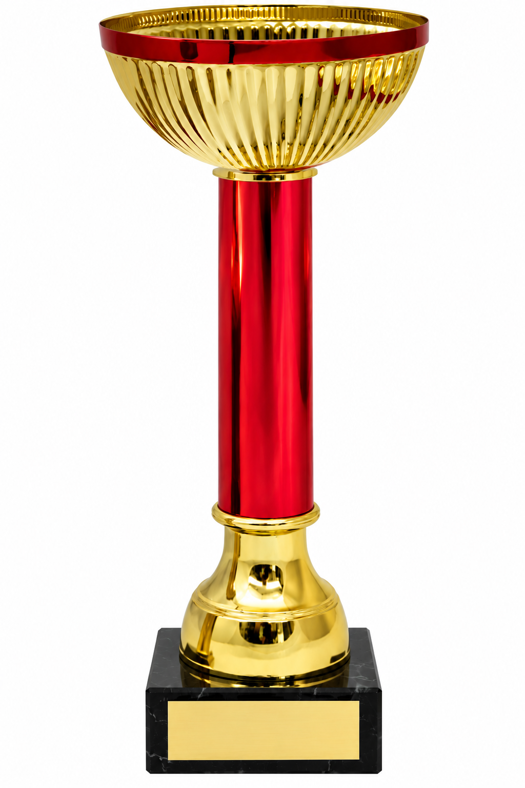 GOLD AND RED METAL TROPHY CUP ON COLOUR OF YOUR CHOICE COLUMN -AVAILABLE IN 3 SIZES